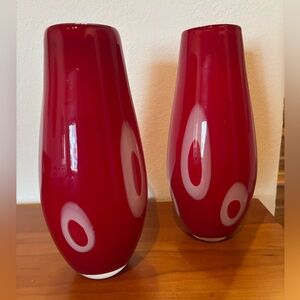 Pair of Elegant Red and White Hand-blown Decorative Glass